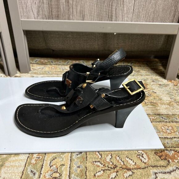 Tory Birch Heeled Sandals Kitten Heel Leather Thong Black Color Size 7 - Picture 5 of 9